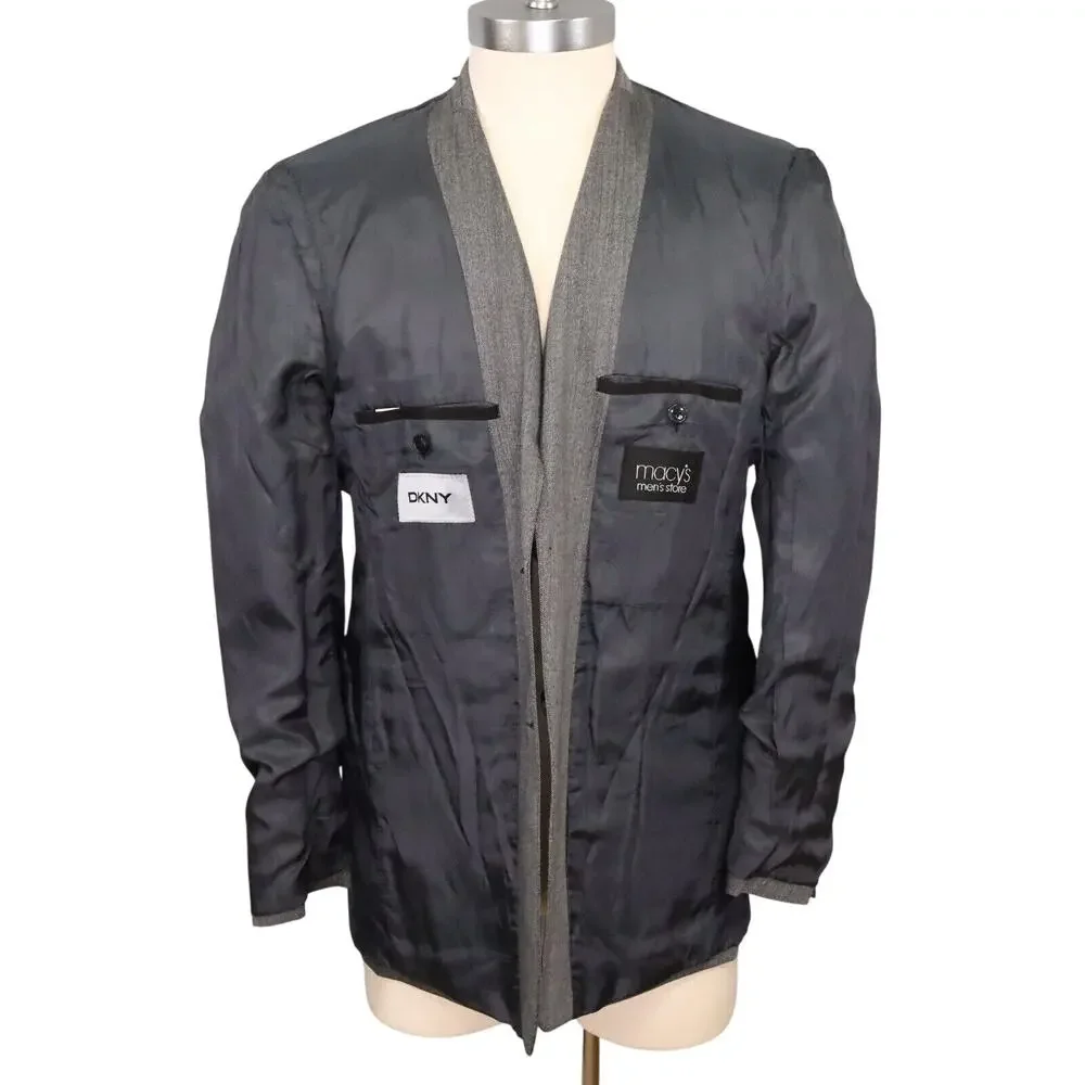 DKNY Sport Coat Mens 42L Gray Wool Herringbone Check Jacket Lined Blazer Career - Picture 14 of 16